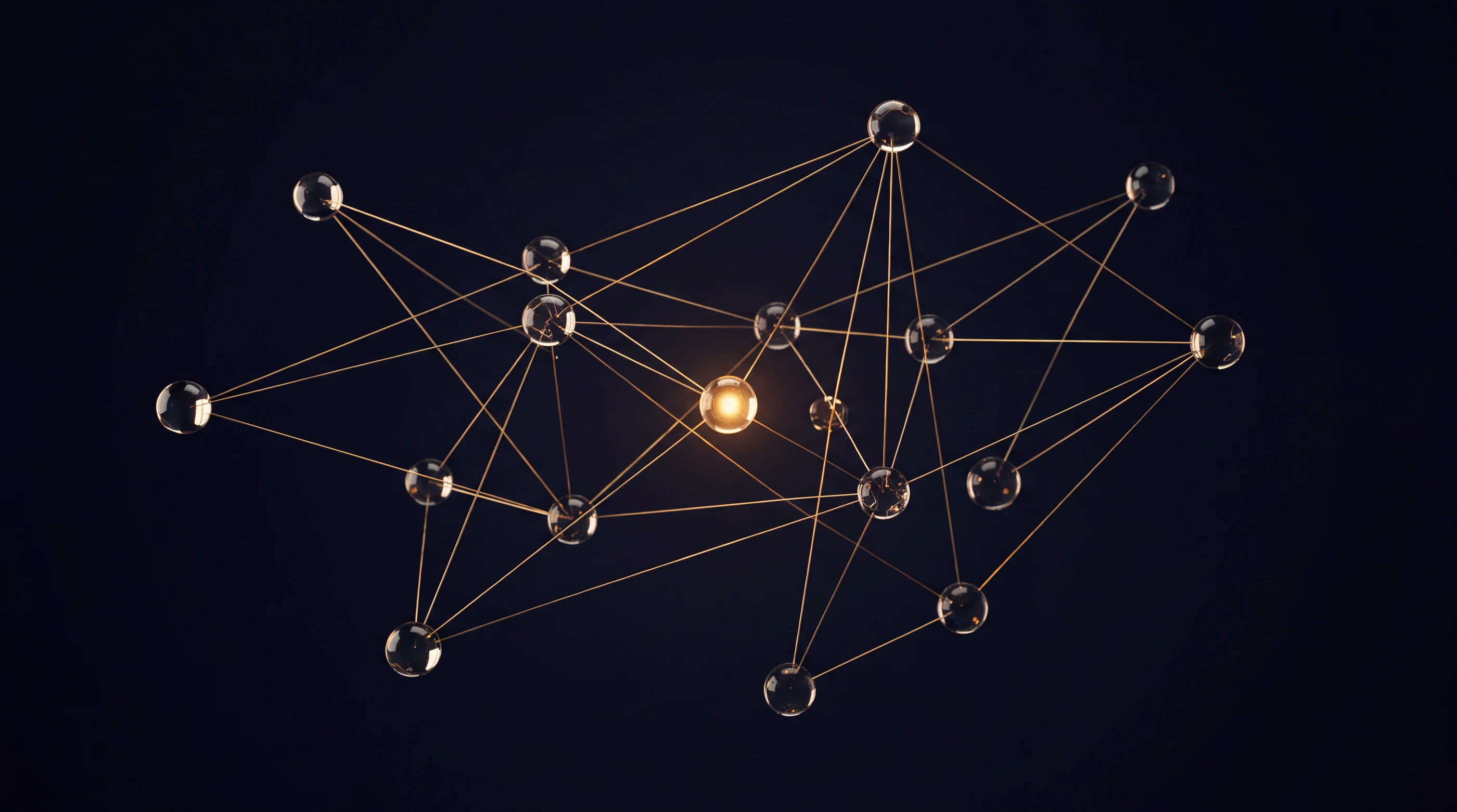 Glass spheres linked by gold threads, one glowing at the centre: a network of agents